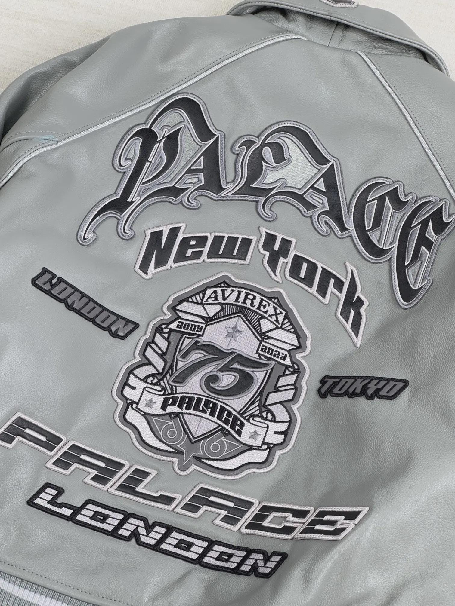 Handmade Avirex X Palace London Grey Jacket Genuine Leather 