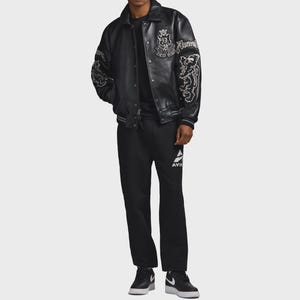 Handmade Avirex Goth Leather Bomber Jacket, Embroidery Vintage Varsity Style