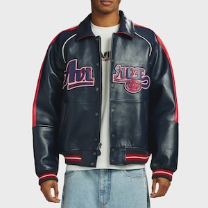 Handmade Avirex ColdKickOff The Kings Leather Bomber Jacket, Embroidery Vintage Varsity Style