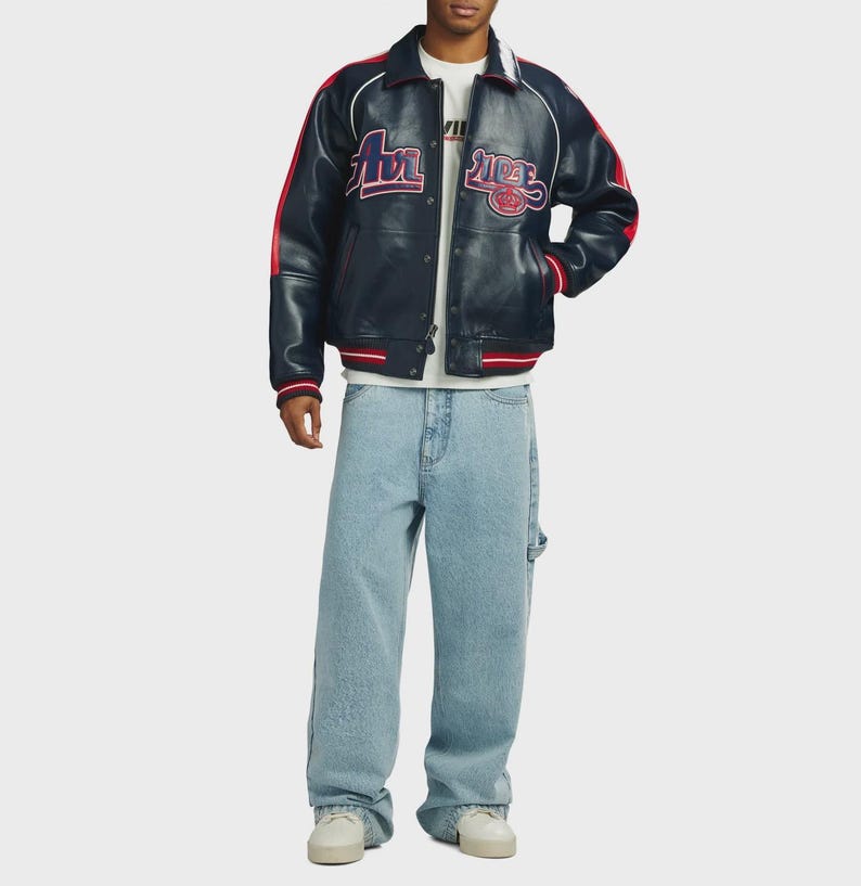 Handmade Avirex ColdKickOff The Kings Leather Bomber Jacket, Embroidery Vintage Varsity Style