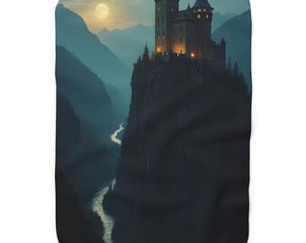 May include: A dark, mysterious castle perched atop a cliff overlooking a winding river valley. The castle is illuminated by the soft glow of moonlight and windows, creating a magical atmosphere.