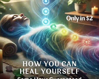 Op de afbeelding: Een vrouw die ligt met een kleurrijke aura die haar lichaam omringt. De aura bestaat uit zeven chakra's, elk met een andere kleur. De tekst op de afbeelding luidt "Get Insights Within Hour", "Only in $2", "HOW YOU CAN HEAL YOURSELF" en "Same Hour Guaranteed".