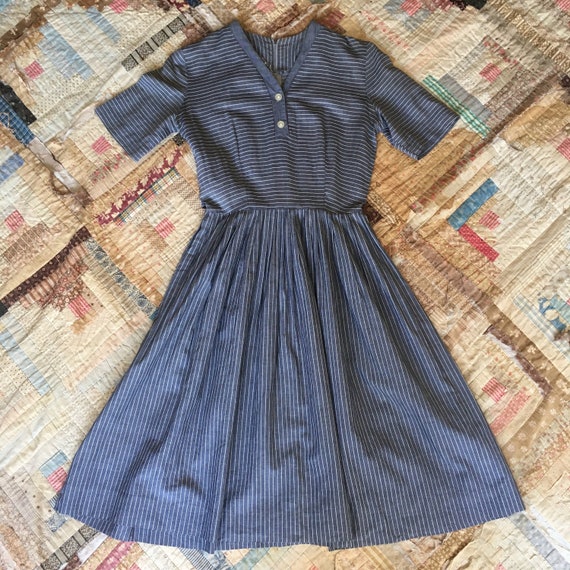 1950s Vintage Striped Gray Day Dress - image 1