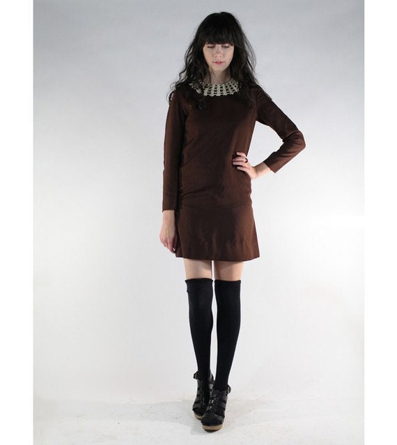 1960s Vintage Lace Collar Brown Mini Dress - image 6