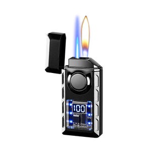 May include: A black and silver lighter with a blue and yellow flame. The lighter has a digital display showing the number 100. The lighter is rectangular with a hinged lid.