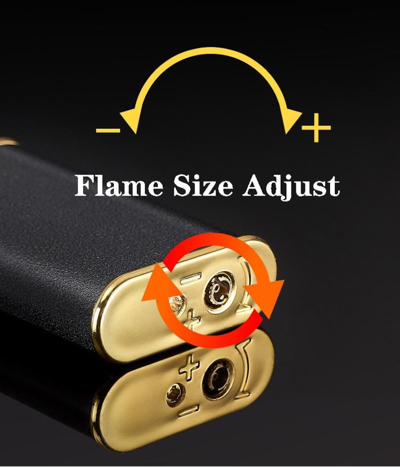 May include: A black lighter with a gold trim and a flame size adjustment knob. The knob has plus and minus symbols to indicate how to adjust the flame size.