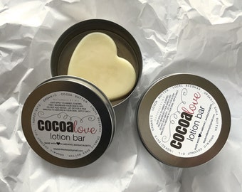 CocoaLove Cocoa Butter Heart Lotion Bar, RAW Organic & Unrefined In Round Tin