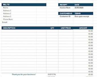 May include: A blank receipt template with the title "RECEIPT" in a dark blue box. The receipt has fields for company information, billing information, description, quantity, unit price, amount, subtotal, tax rate, tax, and total. The receipt also includes a thank you message and contact information.