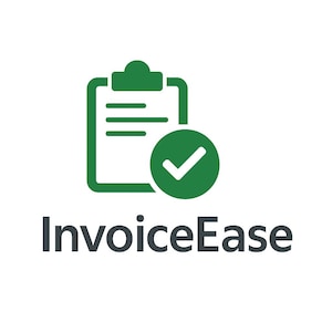Könnte beinhalten: Ein grünes Klemmbrett-Symbol mit horizontalen Linien und einem Häkchen in einem grünen Kreis. Der Text "InvoiceEase" wird in dunkler grauer, serifenloser Schrift unter den Symbolen angezeigt.