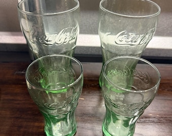 Lot of 4 Vintage Coca Cola Glasses 2.5 Shot, & 16 Oz. Green Indiana Coke Glass *
