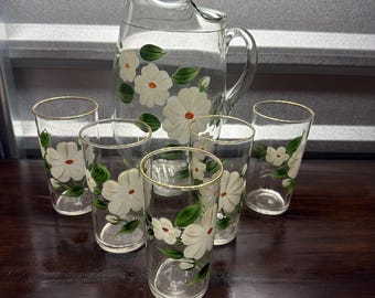 Vintage Federal Glass Iced Tea Set Hand Painted Daises Pitcher & 5 five Glasses
