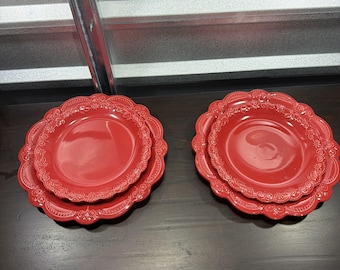 Set of 4 Pioneer Woman Toni Red 11" & 8.5” Stoneware Salad and Dinner Plates *