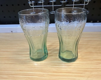 Libby Set Of 2 Green Glass Coca Cola Coke  3 1/8" Mini Shot Glasses *