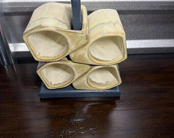 Rodolfo Padilla Drip Glazed Coffee Mugs With Wood Stand Signed Set of 6 Neutral*