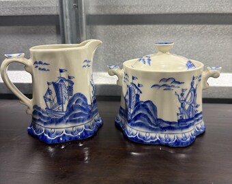 Vintage set of 2Andrea By Sadek Blue And White Ship Sea Cream And Sugar *
