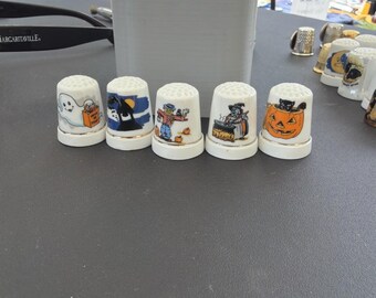 Group of Vintage Halloween Ceramic & Wood Thimbles – Witches, Pumpkin, Bears, Enesco *