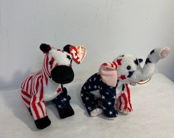 Vintage 2 Ty Beanie Babies  Lefty and Righty 2000 Elephant Donkey Has Tags Rare*