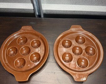 2 Vintage Brown Glazed Ceramic Round Escargot/Mushroom Baking Dish 6 Hole *