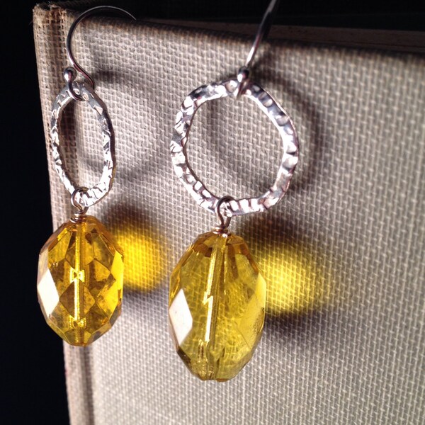 Yellow Vintage Glass Beads with Sterling Circles Earrings