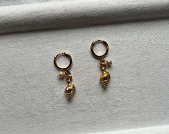 24k Gold Plated Snail Charm Hoop Earrings | Real Pearl, Beach Jewelry