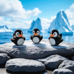 May include: Three small penguin figurines with black bodies, white bellies, and orange beaks are perched on gray rocks. The background features a blue sky, white clouds, and icebergs floating in the water. The scene evokes a playful, arctic theme.