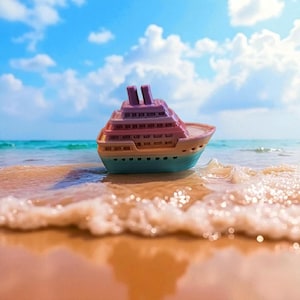 May include: A colorful toy cruise ship sits on a sandy beach with gentle waves. The ship features a blue hull, a pink and purple superstructure, and two smokestacks. The background includes a blue sky with fluffy white clouds and turquoise water.
