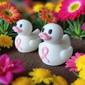 May include: Two white duck figurines with pink beaks and a pink ribbon, surrounded by colorful flowers. The ducks have black eyes and are set against a blurred background of orange, yellow, and pink flowers.