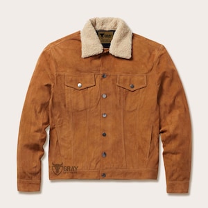 Cowboy Suede Jacket for Men – Western Leather Coat with Removable Shearling Collar – Vintage Style Ranchwear Outerwear