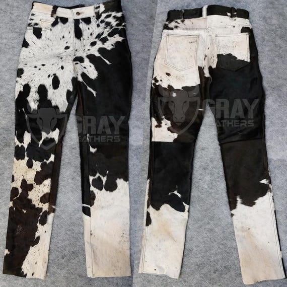 Handmade Cowhide Leather Jeans: Natural Fur Casual Pants