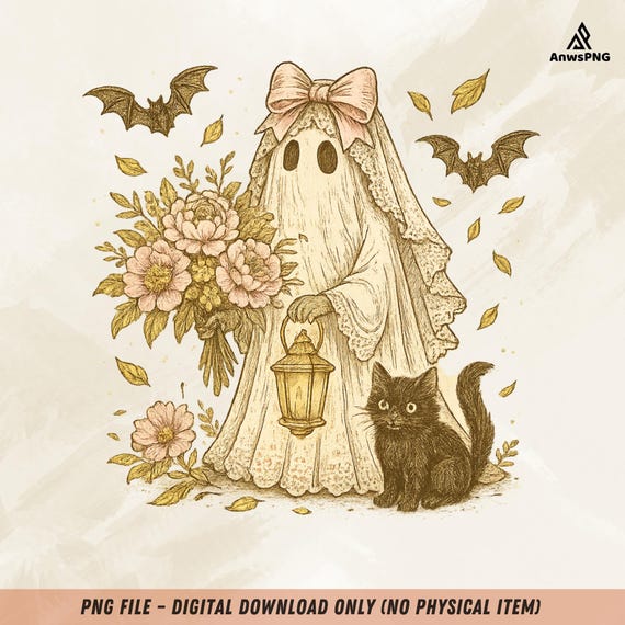 Vintage Ghost Bride PNG: Halloween Gothic Floral Illustration (Digital Download)