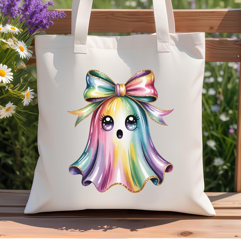 Pacote de PNGs de fantasmas em tons pastel, clipart de Halloween com laço arco-íris, designs iridescentes para sublimação. imagem 4