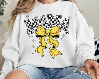 Softball Mama PNG, Checkered Bow Clipart, Sport Mom Design (Digital Download)