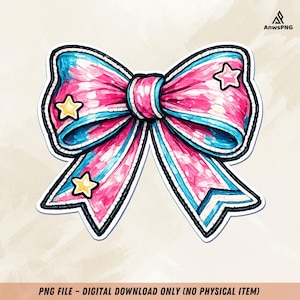 Op de afbeelding: Digitale illustratie van een strik met een roze en blauw aquarelontwerp, omlijnd in zwart. De strik heeft drie gele sterren en de tekst "PNG FILE - DIGITAL DOWNLOAD ONLY (NO PHYSICAL ITEM)".