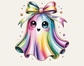 Iridescent Ghost PNG, Rainbow Bow Halloween Clipart, Pastel Spooky Cute Sublimation Download