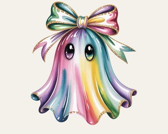 Kawaii Rainbow Ghost PNG, Cute Bow Ghost Clipart, Pastel Spooky Cute Design, Sublimation Iridescent Ghost PNG