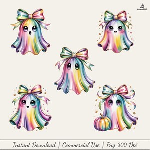 Bundle preview showing five cute pastel rainbow ghosts with colorful bows, gold trim, sweet faces, hearts, stars, and a small pumpkin.