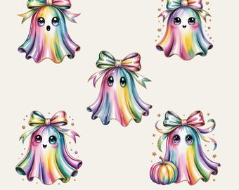 Pastel spook PNG-bundel, regenboogstrik Halloween-clipart, iriserende sublimatieontwerpen