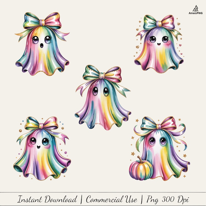 Bundle preview showing five cute pastel rainbow ghosts with colorful bows, gold trim, sweet faces, hearts, stars, and a small pumpkin.