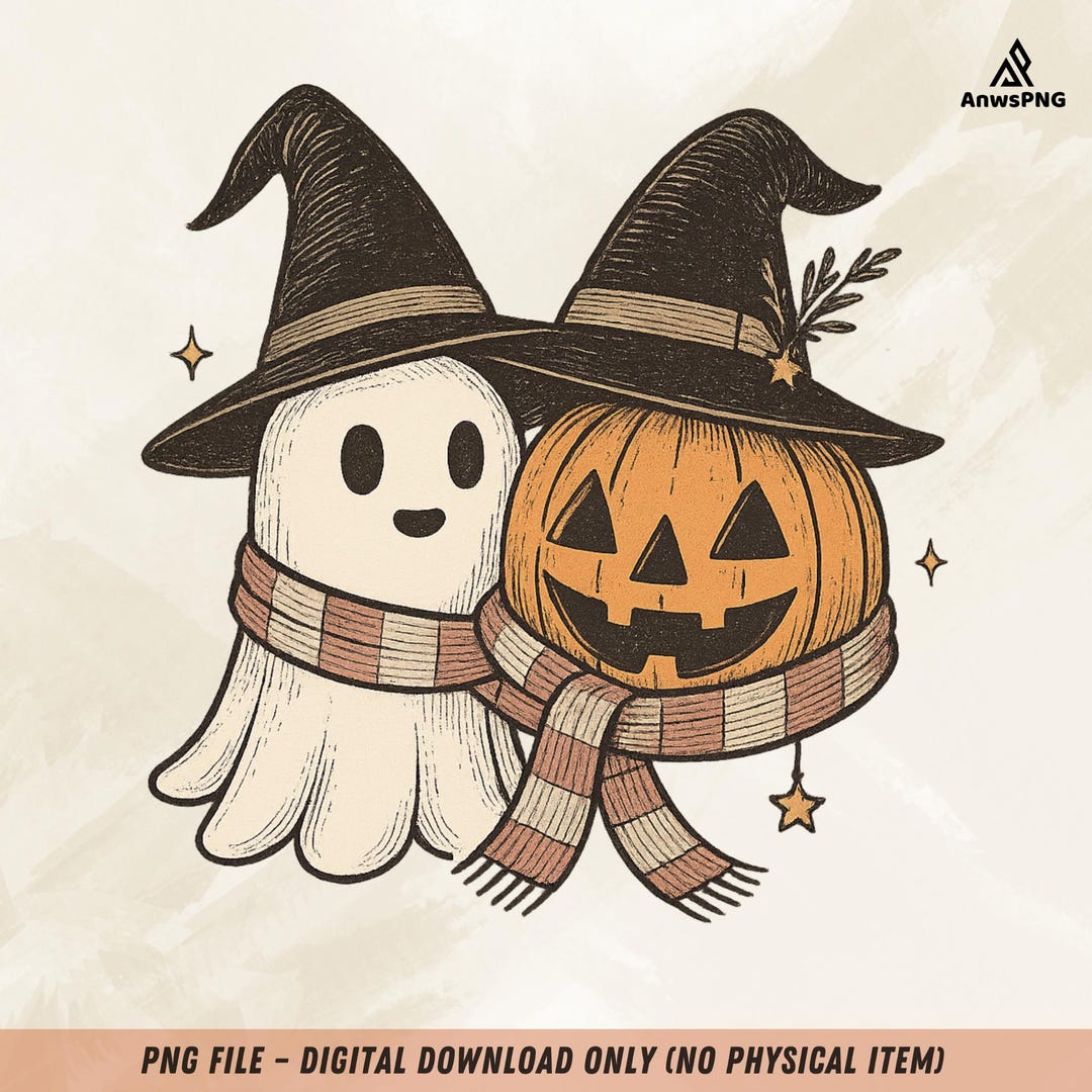 Cozy Witch Hat Ghost and Pumpkin PNG, Cute Halloween Clipart With Scarf ...