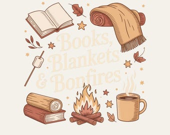 Libros, mantas y hogueras PNG, diseño de cita acogedora de otoño, clipart de lectura otoñal, taza de café para fogata, descarga instantánea