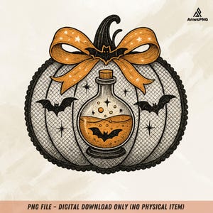 May include: A digital illustration of a pumpkin with a lace-like design. It features an orange bow with stars, a potion bottle with a bat, and several bat silhouettes. The text "PNG FILE - DIGITAL DOWNLOAD ONLY (NO PHYSICAL ITEM)" is at the bottom.