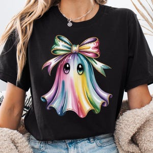 Pacote de PNGs de fantasmas em tons pastel, clipart de Halloween com laço arco-íris, designs iridescentes para sublimação. imagem 2