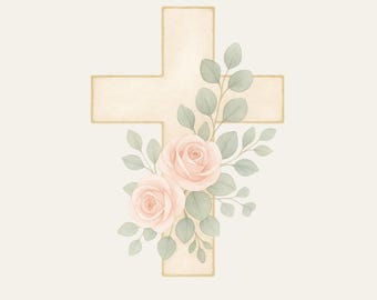水彩画風の花柄十字架PNG：エレガントなキリスト教美術（デジタルダウンロード）