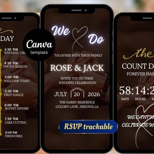 May include: Three smartphones displaying wedding-themed graphics. The screens show a wedding day timeline, an invitation with names and date, and a countdown timer. The design includes gold and white text on a dark background.