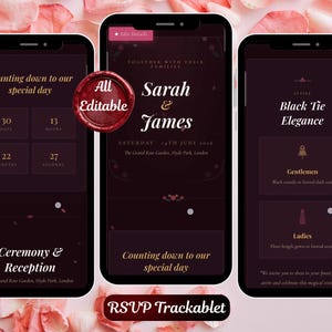 May include: Three smartphones displaying a wedding RSVP app. The screens show countdown timers, event details, and dress code information. The app features a burgundy color scheme with gold text and floral accents. The text "RSVP Trackablet" is at the bottom.