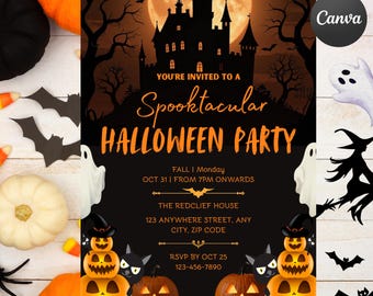 Puede incluir: Una tarjeta de invitación para una fiesta de Halloween con la silueta de un castillo embrujado negro sobre una luna llena. El texto dice: YOU'RE INVITED TO A Spooktacular HALLOWEEN PARTY, FALL | Monday OCT 31 | FROM 7PM ONWARDS, THE REDCLIEF HOUSE.