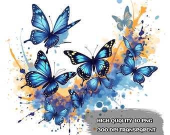 Blue Butterfly Clipart PNG: Watercolor Art, Wedding Decor (Digital Download