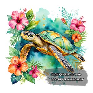 Watercolor Sea Turtle Clipart: Summer Vibes, PNG & SVG, Digital Download for Printable Surfaces.