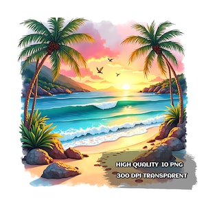 Sunset Watercolor Clipart: Tropical Beach PNG Graphics (Digital Download