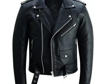 May include: A black leather jacket with a classic biker style. Features include a notched lapel, asymmetrical zipper closure, multiple zippered pockets, and a snap-down collar. The jacket has a belt at the waist and shoulder epaulets.